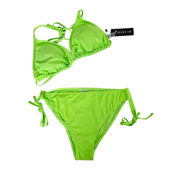 Tropical Womens Neon Green Triangle Bikini Top String Bottom Swimsuit Set Size M - Picture 5 of 11